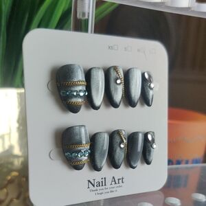 Metallic Gray Press-On Nails with Gold Chain & Rhinestones